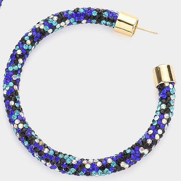 Blue Rhinestone Round Crystal Hoop Earrings Bling Fashion Jewelry Accessories - Picture 3 of 3